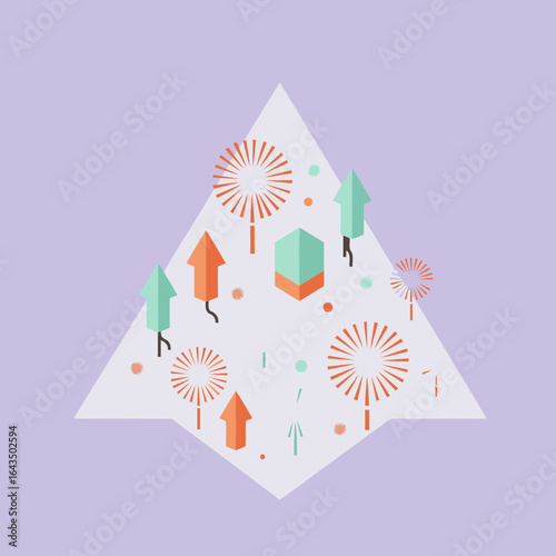 Geometric firework display pattern on a lavender background. Abstract design with repeating fireworks and arrows in mint green and coral, placed in a triangular pattern on a light background.