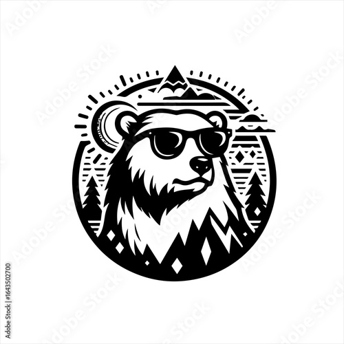 Cool bear wearing sunglasses in a mountain landscape circle
