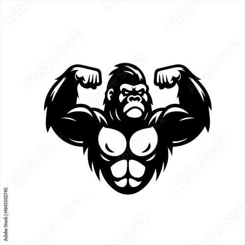 Strong muscular gorilla flexing biceps black and white logo
