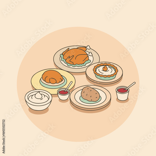 Thanksgiving dinner dishes, various side dishes and main course, isometric view on a table.