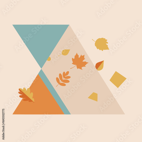Abstract autumnal design with falling leaves in a geometric composition. Flat lay of colorful leaves and shapes on a neutral background.