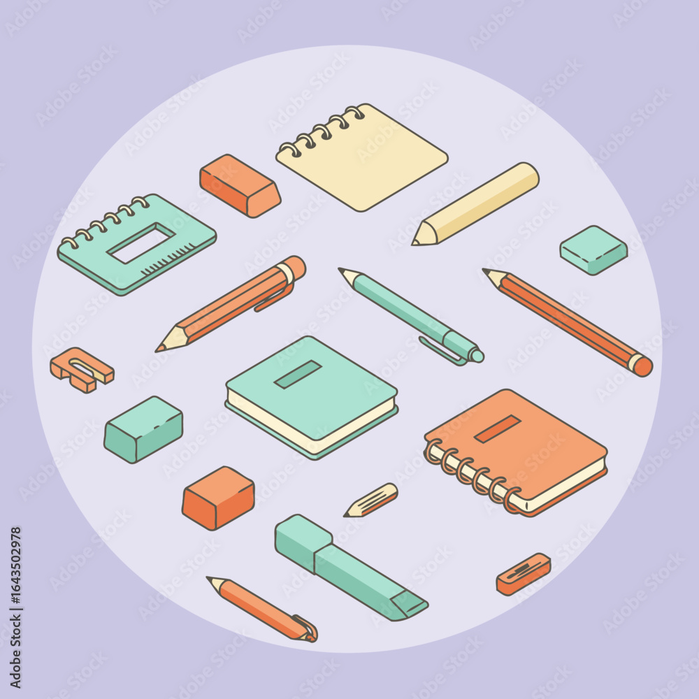 Colorful isometric stationery items arranged in a circle. Educational supplies in pastel colors displayed in an organized, circular layout on a lavender background. Colorful isometric stationery items arranged in a circle. Educational supplies in pastel colors displayed in an organized, circular layout on a lavender background.