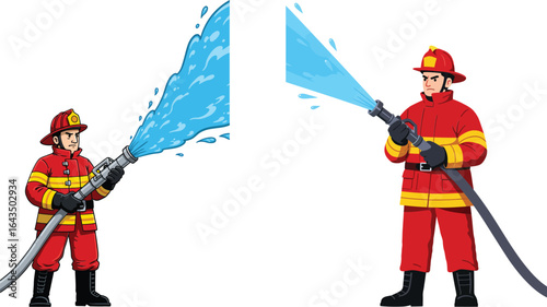 Firefighter spraying water with hose in protective uniform and helmet vector illustration