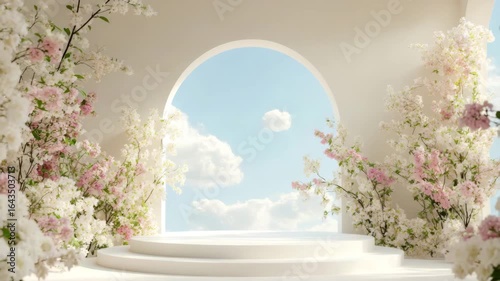 Soft pastel flower branches frame bright white circular stage with arched window showing clear blue sky and fluffy clouds, creating serene and elegant atmosphere with springtime arch and window view