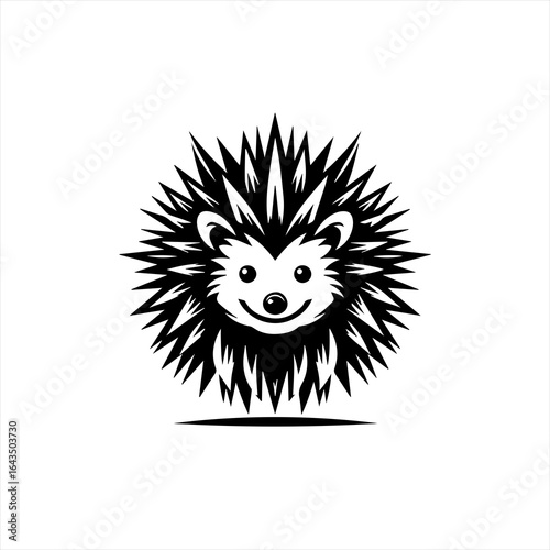 Cute happy hedgehog with sharp quills in black and white