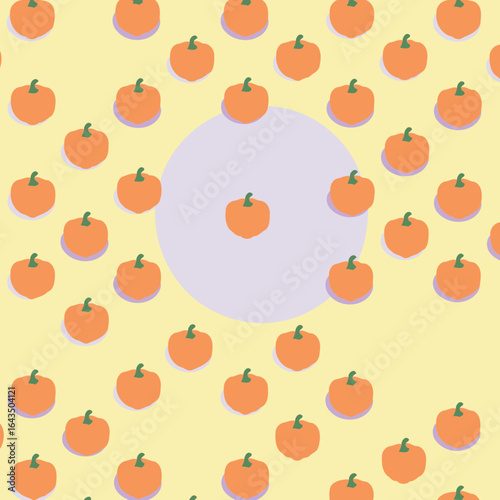 Halloween pumpkin pattern on pastel yellow background with a light purple circle shape. Simple, repeating design with a modern aesthetic, suitable for holiday themed graphics or invitations.