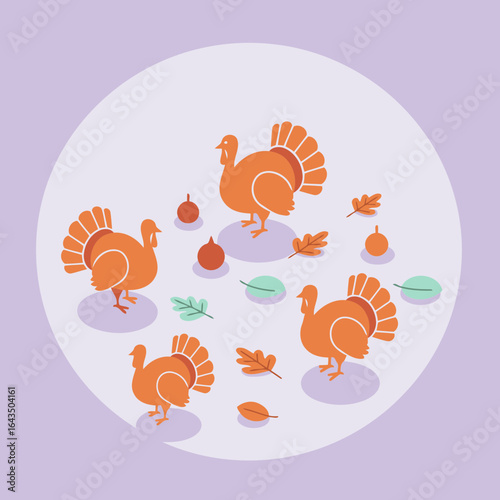Flat lay illustration of four stylized turkeys with fall leaves and acorns in a circle on a lavender background. A cheerful Thanksgiving scene, perfect for autumnal invitations or greeting cards.