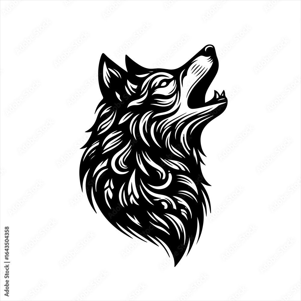 Obraz premium Stylized black and white howling wolf head graphic