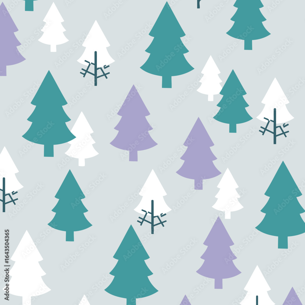 Obraz premium Christmas tree pattern on a light gray triangular background. Silhouette shapes of stylized trees in teal, lavender and white, with decorative branches, create a simple and elegant design.
