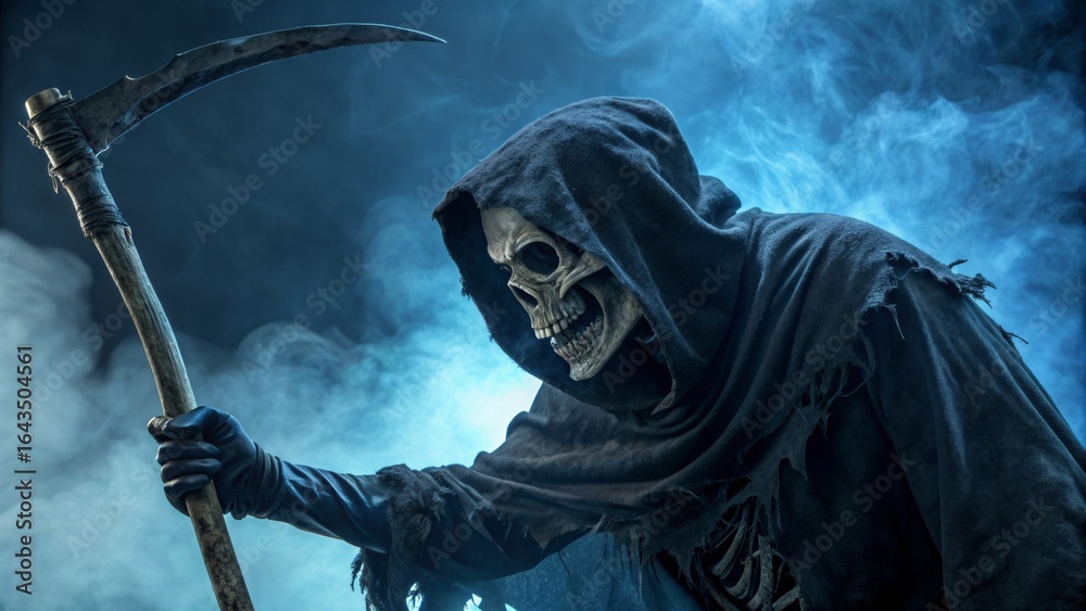 Obraz premium Menacing grim reaper figure with scythe dark foggy environment artistic photography eerie atmosphere close-up perspective