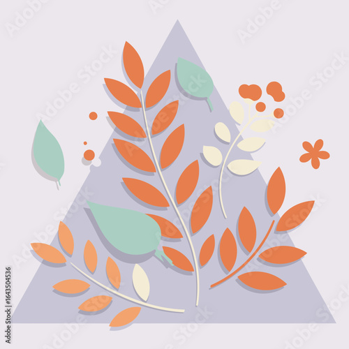 Abstract botanical design with colorful leaves and flowers arranged on a pastel triangle.