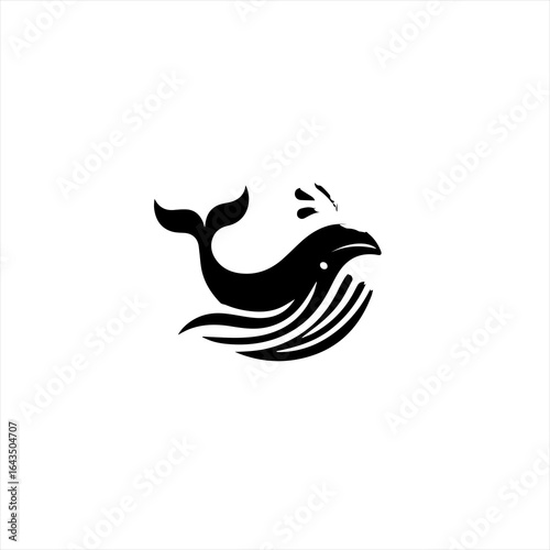 Stylized black whale breaching and spouting water in the ocean waves