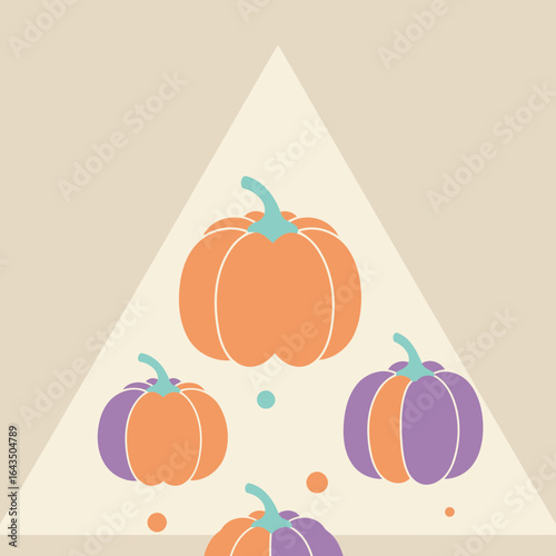 Abstract pumpkins in muted tones on a cream colored backdrop with a triangular element. Simple, decorative design with a pastel palette.