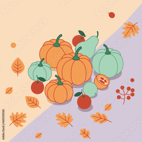 Autumnal harvest display of pumpkins, apples, pears, and gourds with autumn leaves. Seasonal bounty with a pastel color palette in a flat lay style.