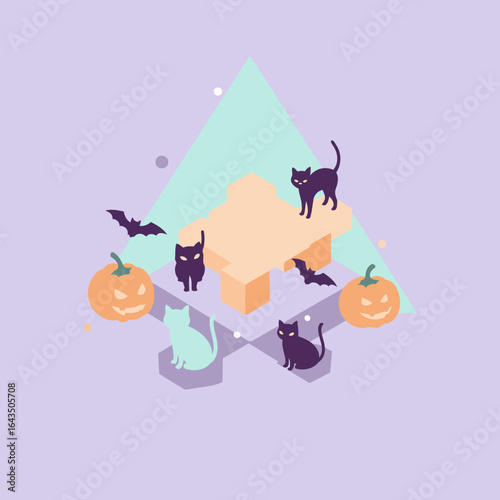 Halloween themed isometric graphic design with various characters.