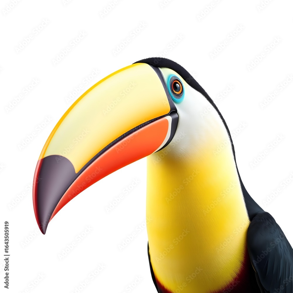 Fototapeta premium Detailed close-up of a colorful toucan with vibrant beak and striking eye, set against a white background