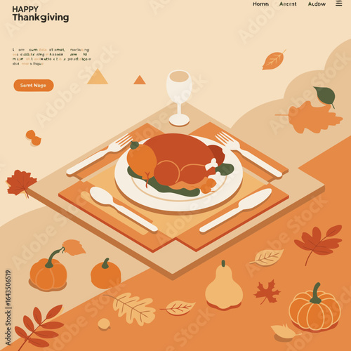 Thanksgiving dinner scene with autumnal color palette for family or friends. Isometric flat lay of roasted turkey and fall decorations on a table setting with utensils and beverages.