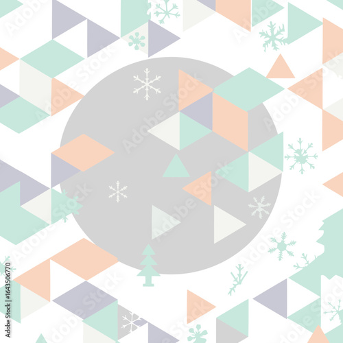 Abstract geometric pattern with pastel shades of mint green, peach, lavender, and white. Repeating triangles and circles create a soft wintery design with subtle snowflakes.