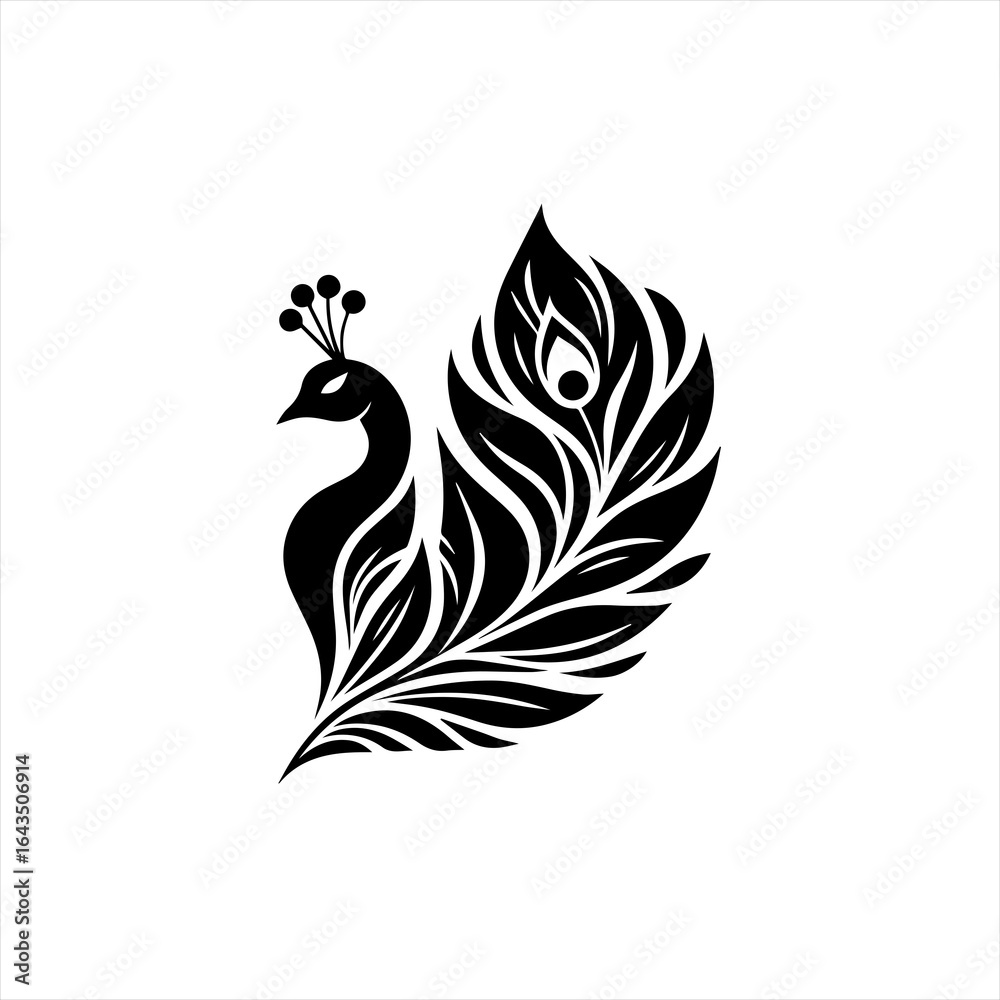 Obraz premium Elegant black silhouette of a peacock with stylized feathers