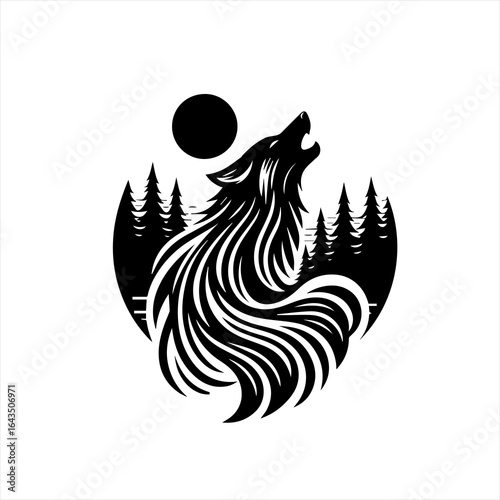 Stylized black wolf howling at the moon in a forest landscape