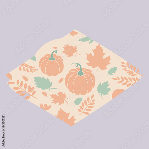 Autumnal design featuring pumpkins and leaves on a beige background. Geometric pattern displayed on a blank surface. Fall themed design for seasonal promotion -
