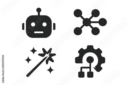 Creative illustrations of robot icon, network connections, magic wand, and gear symbolizing technology and innovation