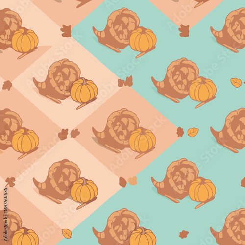 Thanksgiving cornucopia and pumpkins in a repeating pattern on a light peach and mint green background. Repeating design with stylized autumnal motifs in a geometric pattern.