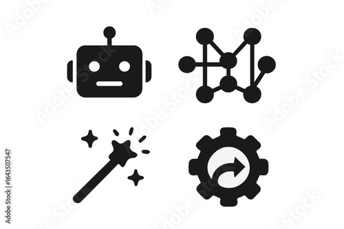 Illustrations showcasing robot, data connections, magic wand, and gear symbols representing technology and automation