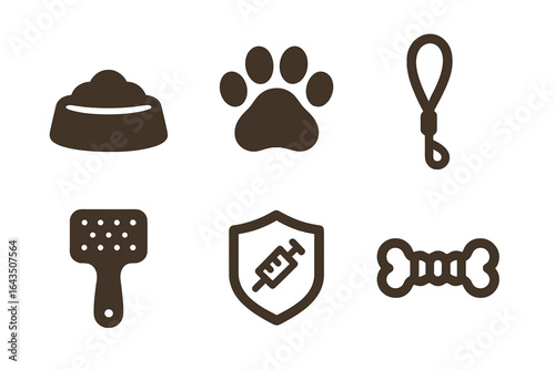 Pet care essentials displayed on a simple background including food, toys, and grooming tools for responsible pet ownership
