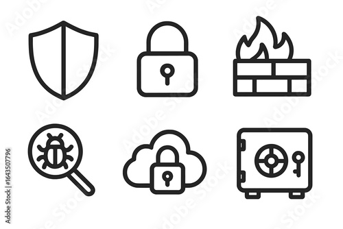 Various cybersecurity icons representing protection and safety measures for digital environments