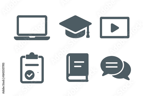 Educational icons representing online learning tools and resources in a simple design