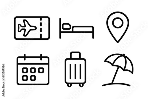 Travel essentials for planning a vacation with an airplane ticket, hotel, map, calendar, suitcase, and beach umbrella