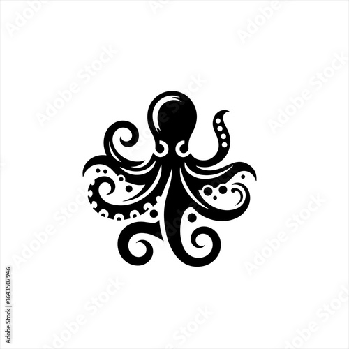Stylized black octopus silhouette with swirling tentacles and dots