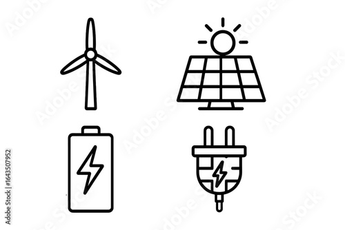 Icons depicting renewable energy sources such as wind, solar, battery storage, and electric plug for sustainable power solutions