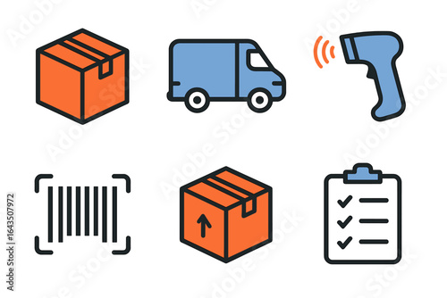 Logistics process involving delivery, packaging, and inventory management depicted in icons