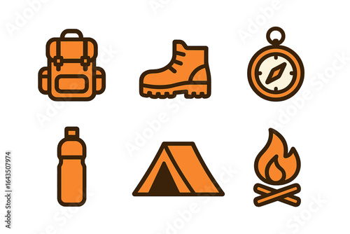 Outdoor adventure gear including backpack, boots, compass, water bottle, tent, and campfire symbols for camping trips and hiking