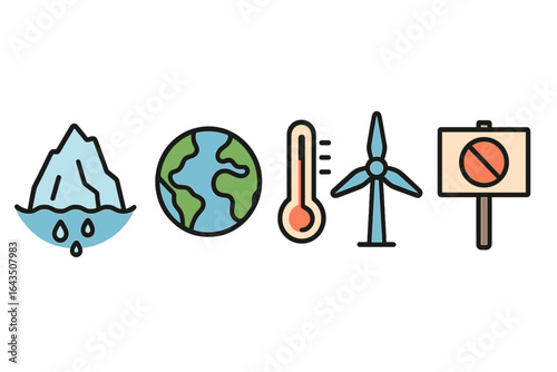 Climate change awareness symbols representing environmental issues and renewable energy solutions