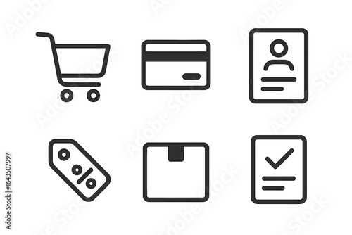 Shopping cart and payment icons representing online purchasing and ecommerce activities in a minimalist style