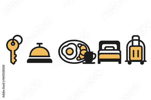 Hotel amenities include key, reception bell, breakfast tray, comfortable bed, and luggage cart