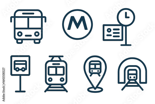 Transportation symbols depicting various modes of public transit including buses, subways, and trams in a city layout