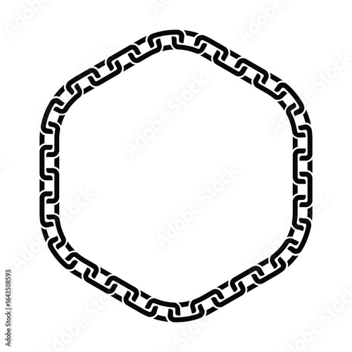 Minimalist black chain hexagonal frame with geometric rectangular links looping continuously. Isolated on white, bold contrast. Symbolizes strength and order, clean vector illustration.