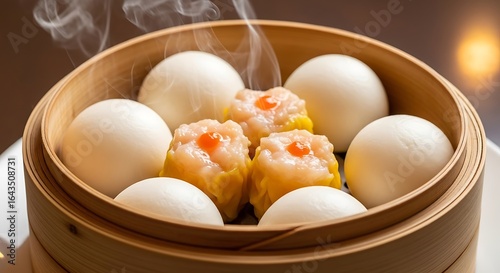 Traditional Chinese dim sum with shumai and buns in a bamboo steamer