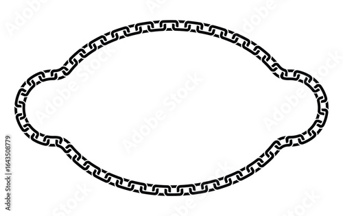 Minimalist black chain oval frame with geometric rectangular links looping continuously. Isolated on white, bold contrast. Symbolizes strength and order, clean vector illustration.
