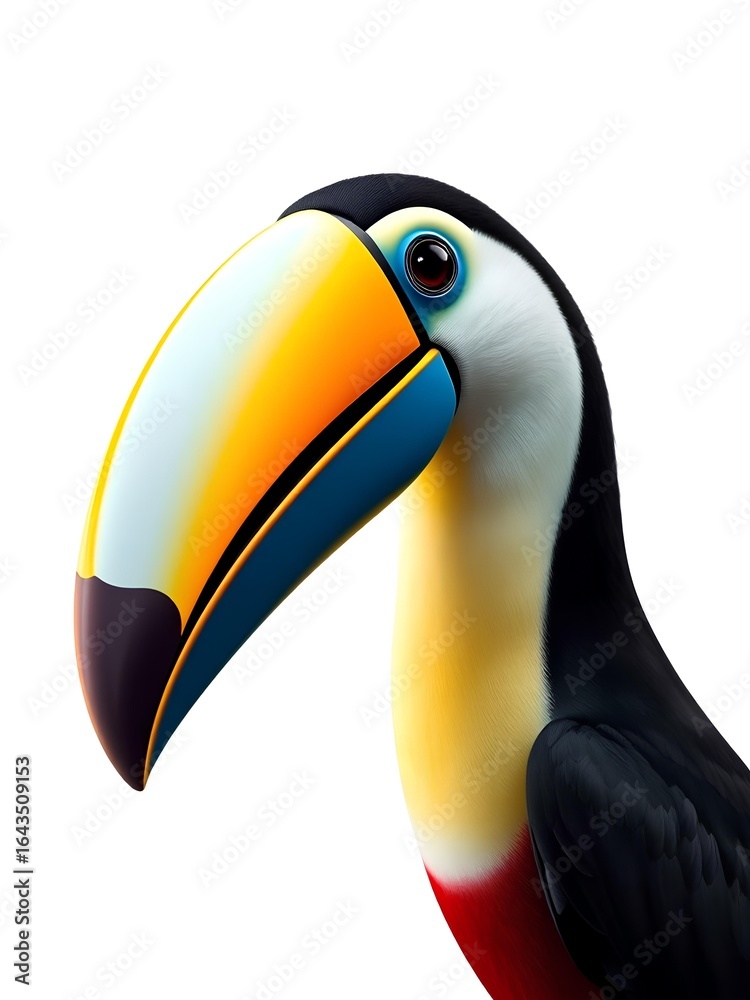 Fototapeta premium Highly detailed digital illustration of a toucan with vibrant colors, showcasing its distinctive beak and striking features against a white background