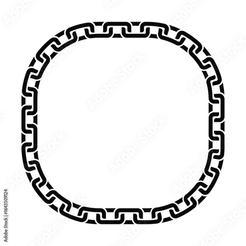 Minimalist black chain square frame with geometric rectangular links looping continuously. Isolated on white, bold contrast. Symbolizes strength and order, clean vector illustration.