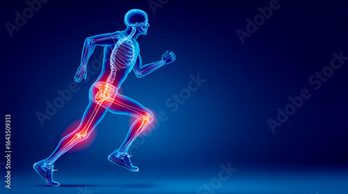 Vibrant blue background with an animated human figure in motion, showing joint pain highlighted