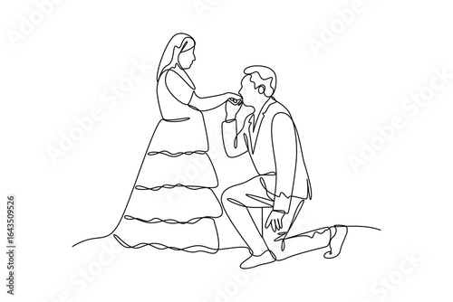 simple continuous line draw of man kisses his fiance hand. Engagement minimalist concept. Wedding activity. Simple line.