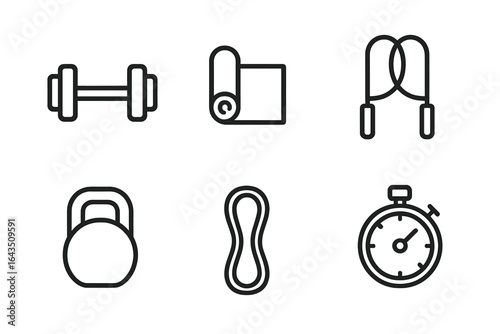 Fitness tools for a home workout setup including weights, mat, jump rope, kettlebell, resistance band, and stopwatch