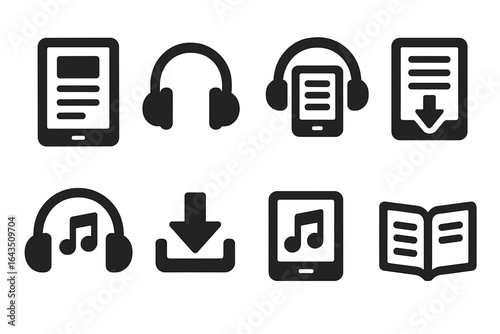 Icons representing digital reading and audio experiences for books and music in a modern setting