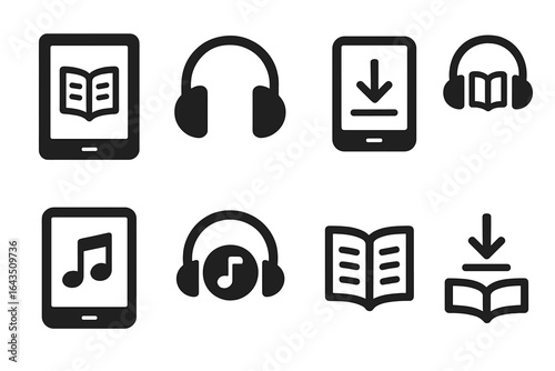 Digital media icons representing reading, listening, and downloading activities for ebooks and audiobooks
